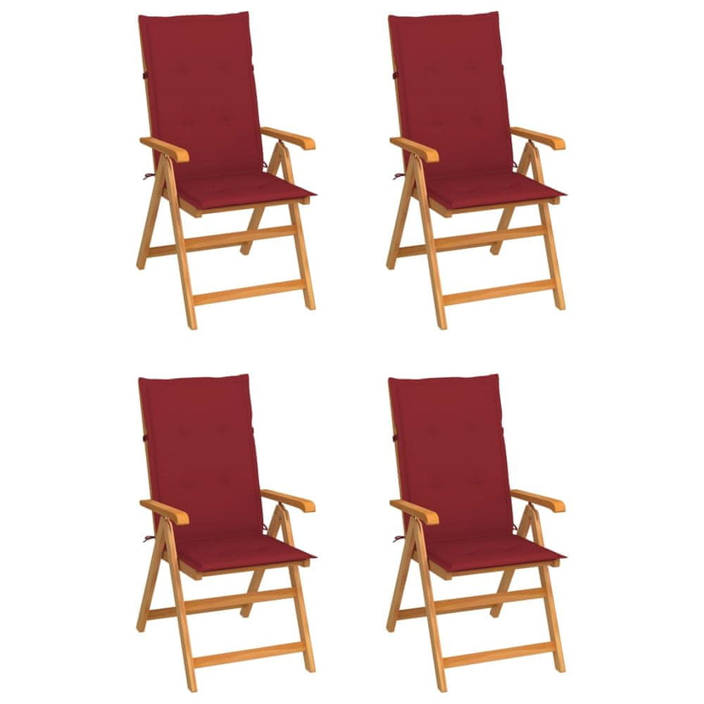 Vidaxl Záhradné stoličky 4 ks s vínovočervenými podložkami tíkový masív